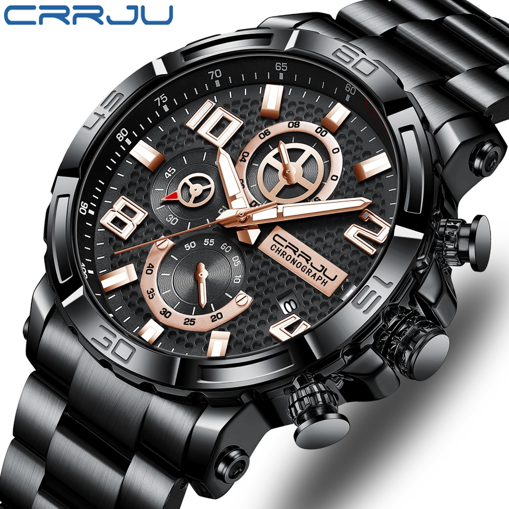 CRRJU Relógios Masculinos Marca De Luxo Verdadeiro Aço Inoxidável Multifuncional