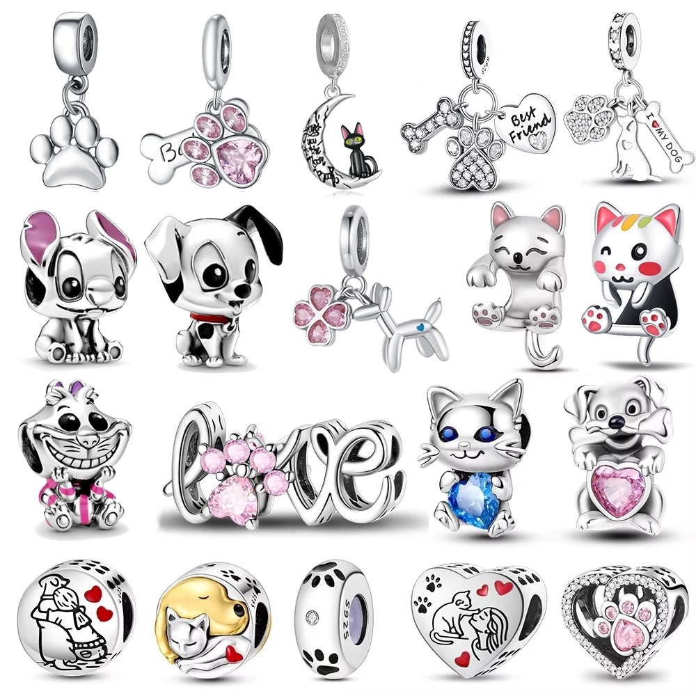 Berloque Encantos Quentes Prata esterlina 925 Contas Pingentes Amor Coração Cão Patas Gato Pulseira Mulheres