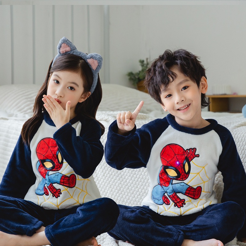 Homem-Aranha Menino Pijamas Define Menina Inverno Flanela + Calças 2 Pçs Terno Crianças Dos Desenhos Animados Roupas Que
