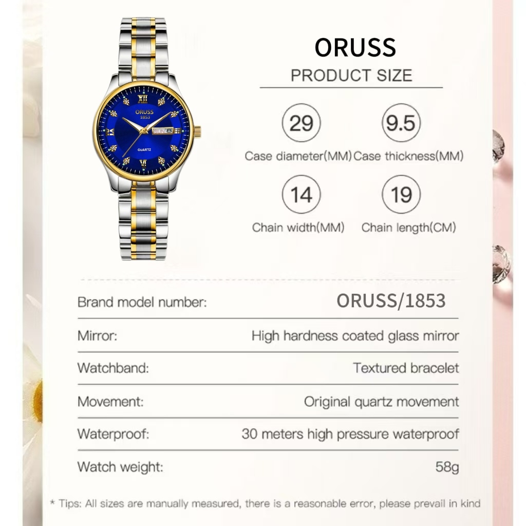 ORUSS Original Feminino Calendário Duplo Aço Inoxidável Luminoso Luxo À Prova D 'Água Prata/Ouro Relógio Moda Versão Cor — imagem 2 de 2