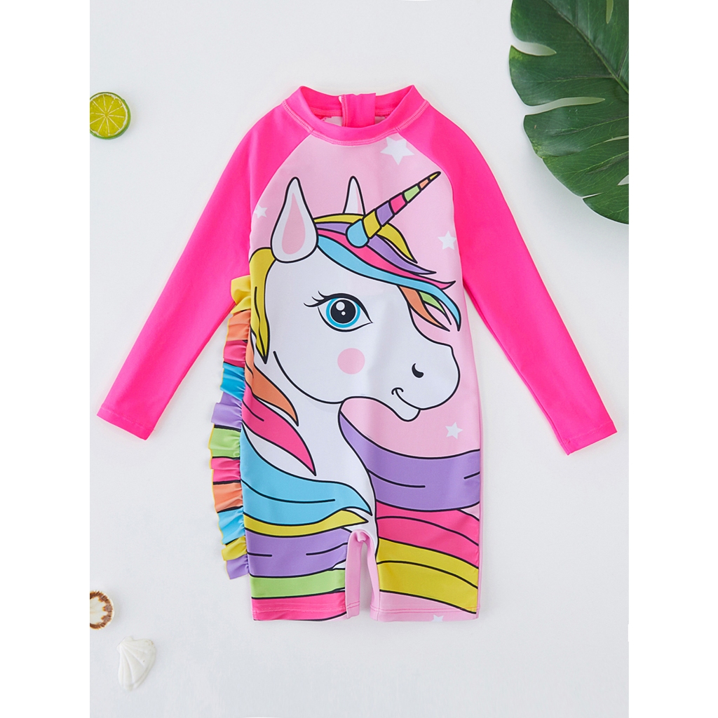 Meninas moda surf terno maiô de uma peça bonito unicórnio renda maiô 4-8 anos de idade