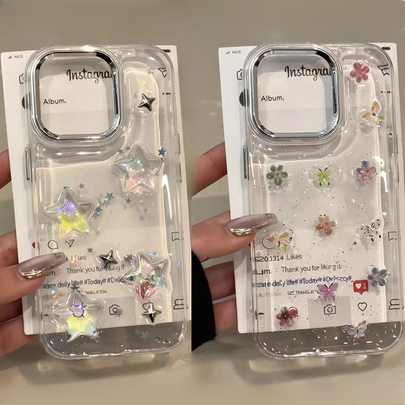 INS Estilo Bonito Estrela Flor Glitter Claro Caso De Telefone Para iPhone 17 Pro Max 17 Ar 16 15 14 13 12 11 Plus Chapea em Oferta na Shopee