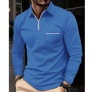 2025 Camisa polo Masculina De Verão Fina Cor Sólida Manga Comprida Lapela Com Zíper em Oferta na Shopee