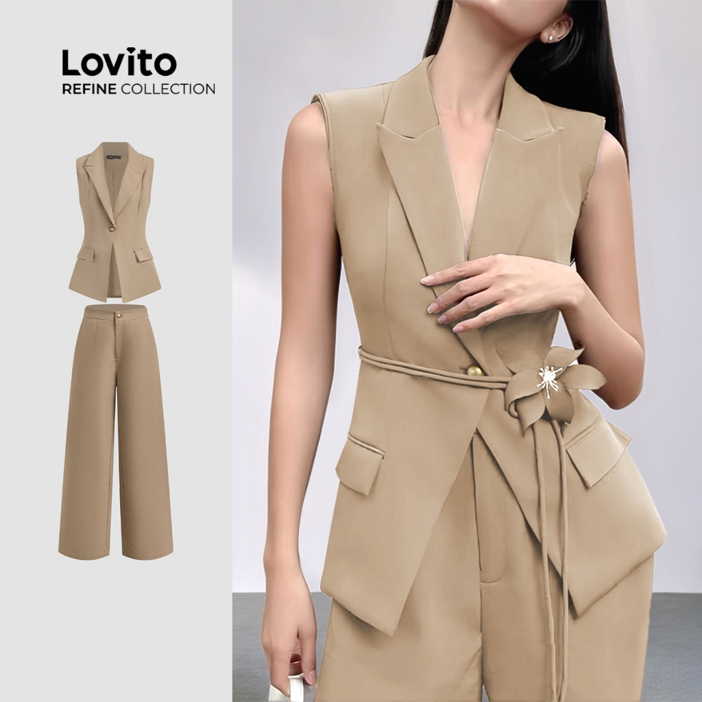 (Trendy) (Lovito Refine) Tops ou calças de bolso falso simples e elegantes para mulheres LR7LD091 em Oferta na Shopee
