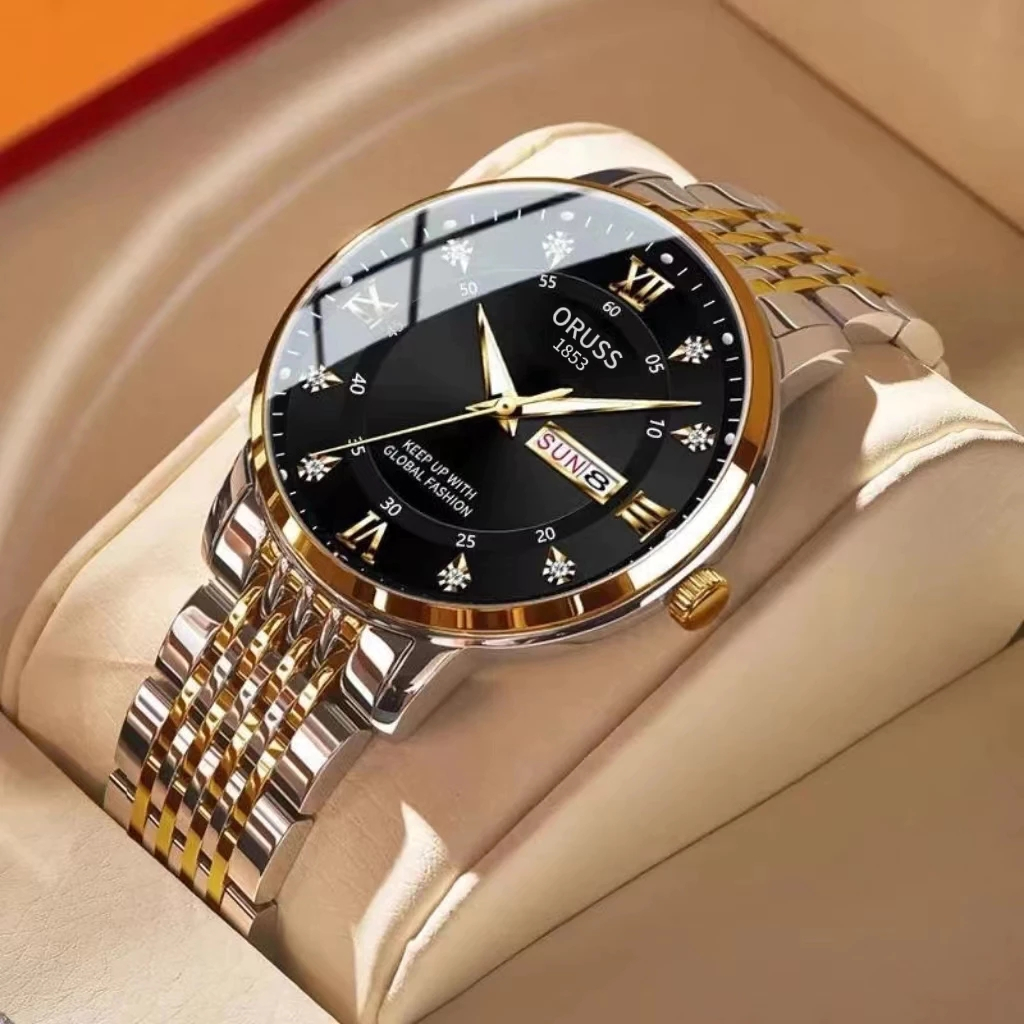 ORUSS Original Masculino Luxo Aço Inoxidável Negócios Relógio À Prova D 'Água Moda Calendário Duplo Luminoso Relógio De