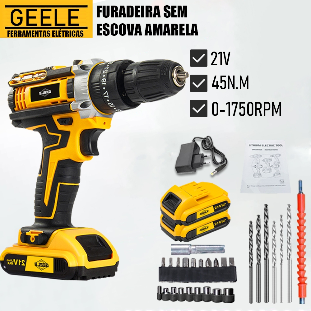 Kit Furadeira E Parafusadeira Sem Fio  21v 2 Bateria GEELE em Oferta na Shopee