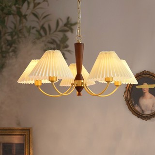 VIMI Lustre De Tecido Plissado Retrô Francês De 5 Cabeças, Luminária Pendente De Madeira Nórdica, Teto, Quarto, Sala