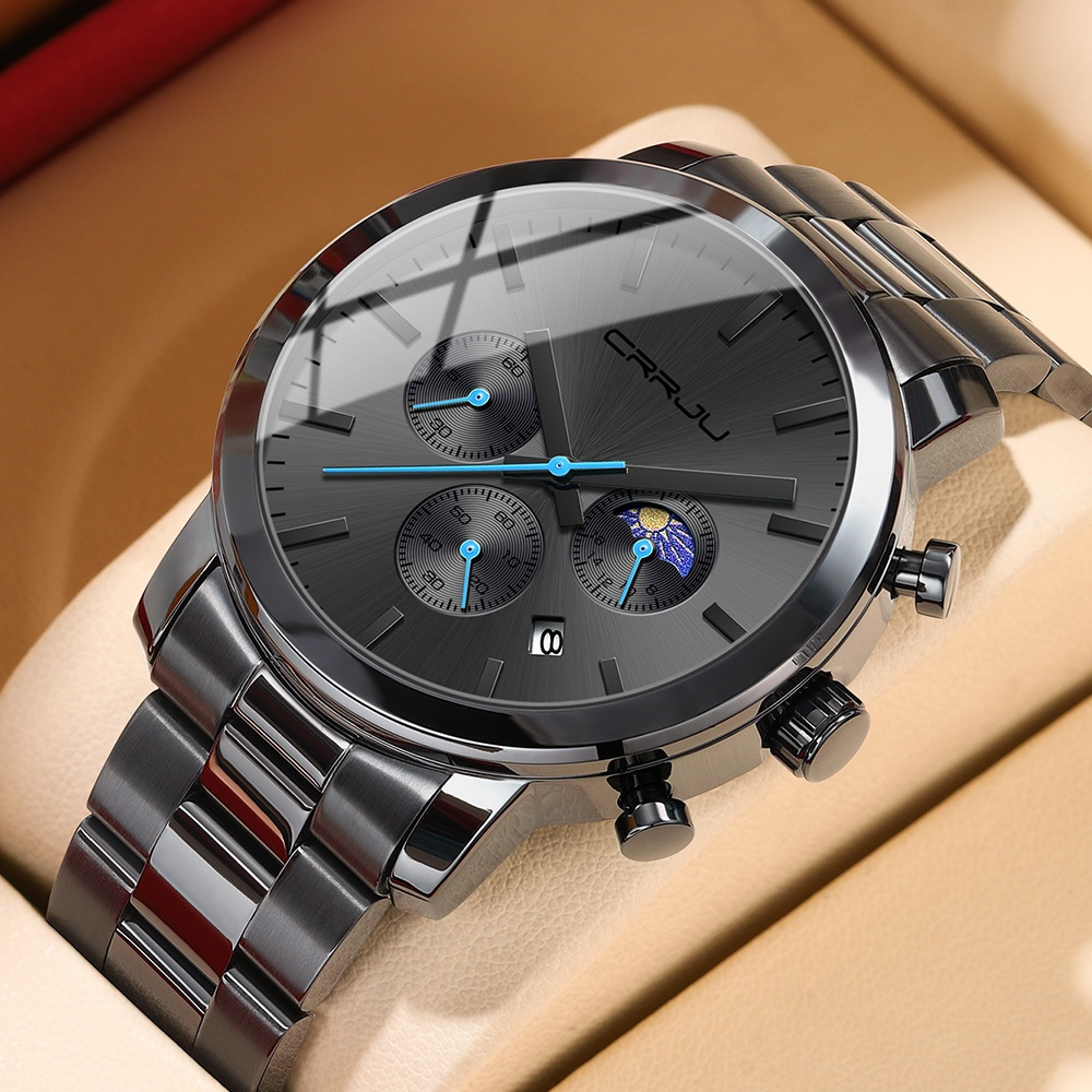 Relógio Masculino CRRJU Marca Original Pulseira De Aço Inoxidável Cronógrafo Moda Negócios Esporte Quartzo Analógico À P em Oferta na Shopee