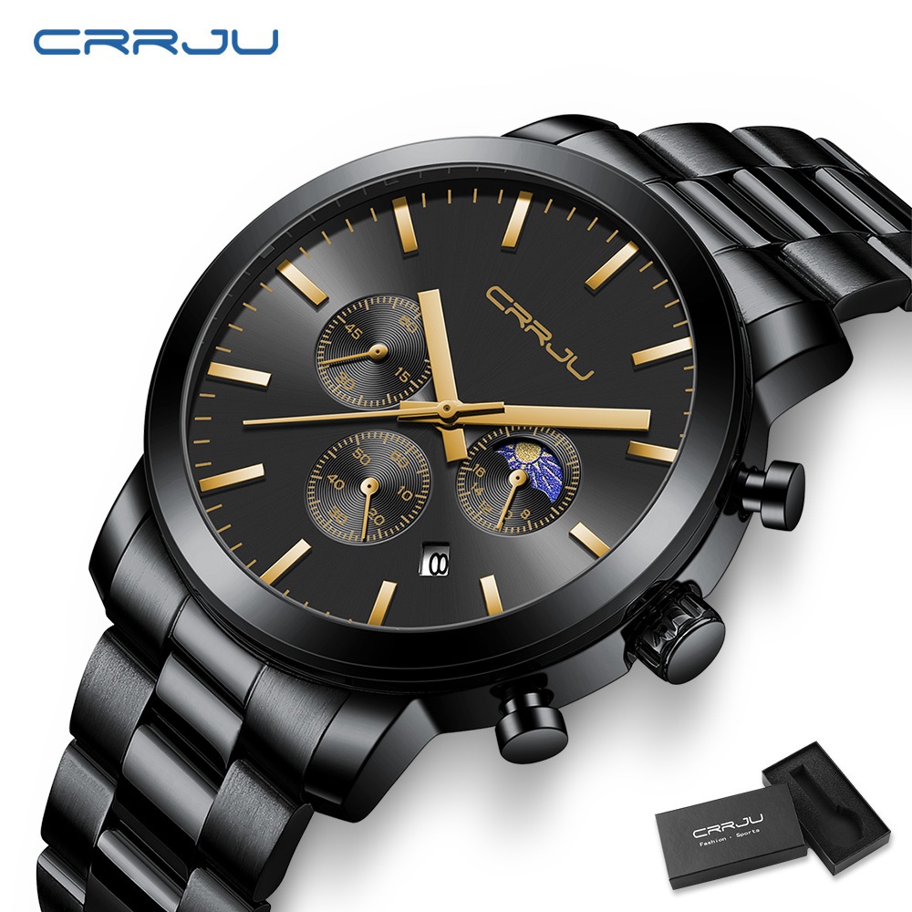 Original CRRJU Relógio Masculino Genuíno Marca De Moda Aço Inoxidável Multifuncional Cronógrafo Negócios Esportes Ao Ar em Oferta na Shopee