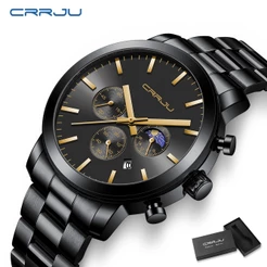 Original CRRJU Relógio Masculino Genuíno Marca De Moda Aço Inoxidável Multifuncional Cronógrafo Negócios Esportes Ao Ar