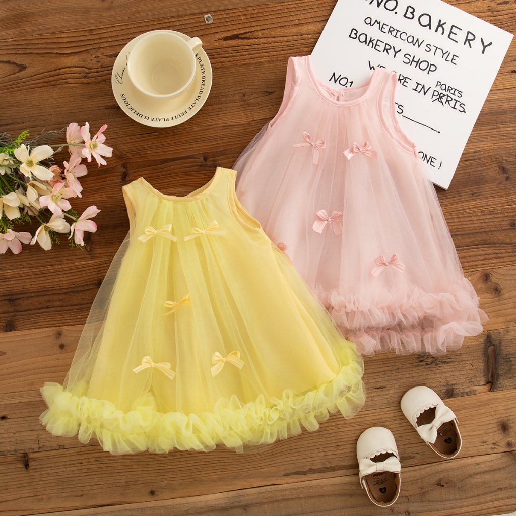 Vestido De Menina Estilo Princesa Com Laço Doce , Novas Roupas Infantis De Chiffon De Cor Sólida De Verão Adequadas Para
