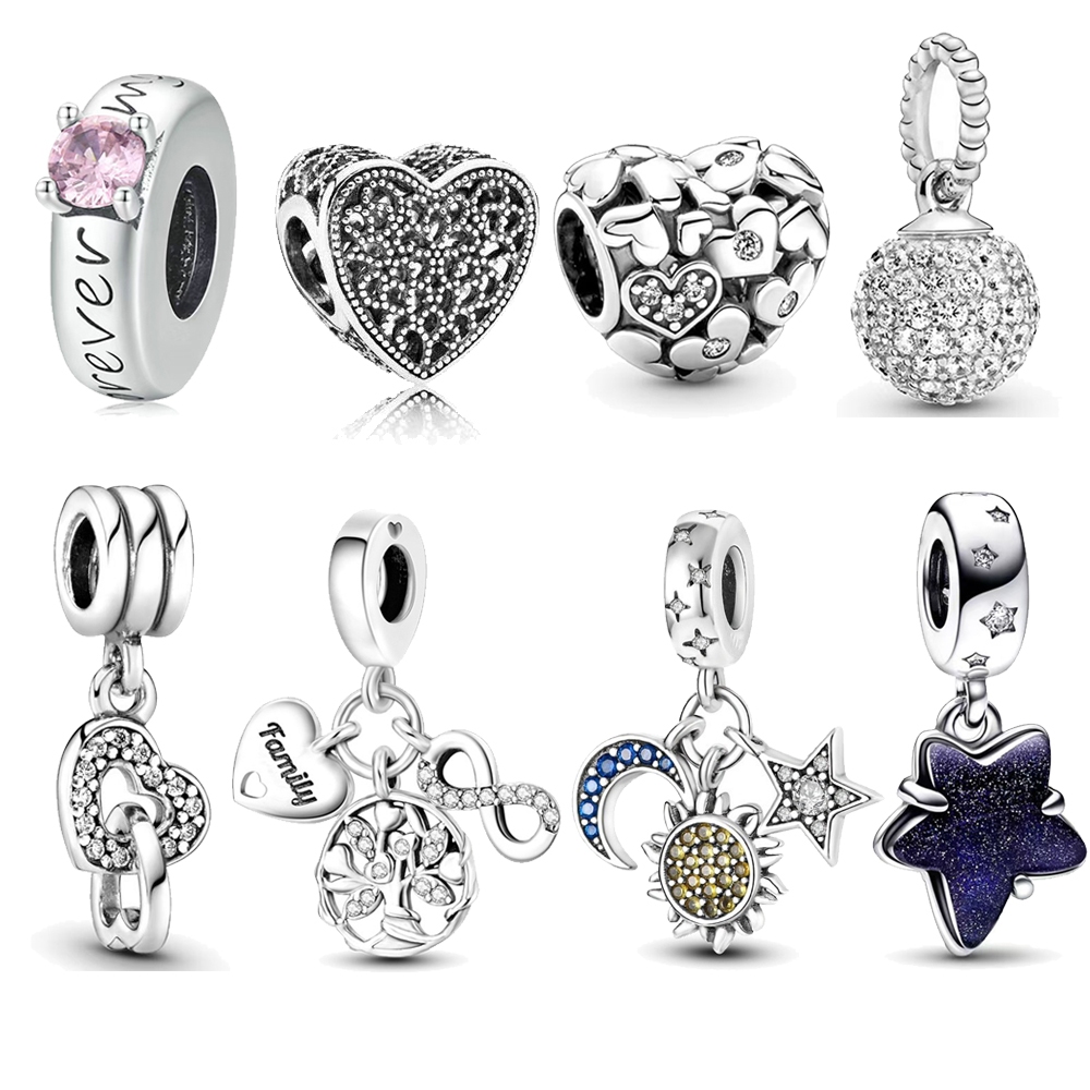 Berloque Prata 925 Encantos Rosa Diamante Contas Coração Casal Pulseira Acessórios