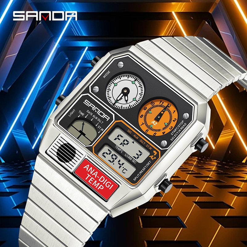 SANDA 3192 LED Eletrônico Quadrado Masculino Jovem Casual Multifuncional Termômetro Cronômetro Cronógrafo Relógio