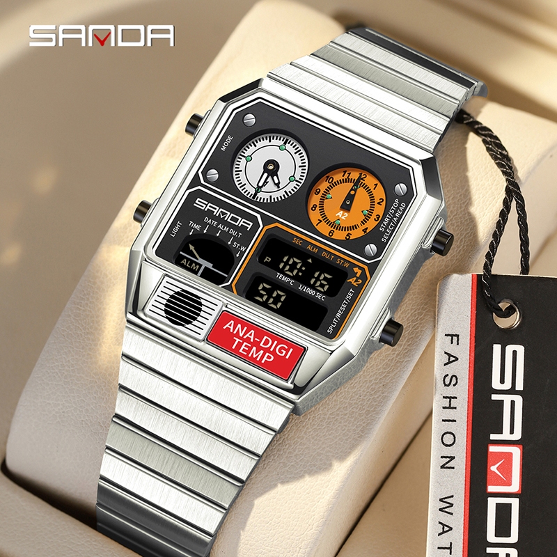 SANDA 3192 Relógio Eletrônico Masculino Quadrado Aço Inoxidável Medição De Temperatura Cronômetro Timing Multifuncional