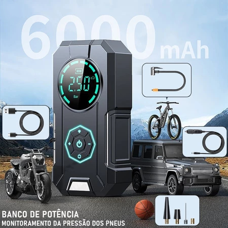 Compressor de Ar Digital Portátil - USB Recarregável - Calibrador de Pneu Profissional