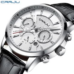 Relógio Masculino CRRJU Marca Original Cronógrafo Ponteiro Luminoso Couro Correia Casual Esportivo Quartzo2212 XL