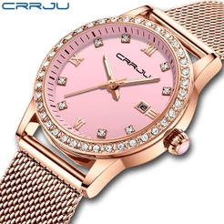 CRRJU Relógios Femininos Rosa Moda Top Marca De Luxo Negócios Casual Cinto De Malha À Prova D'água 2186 X