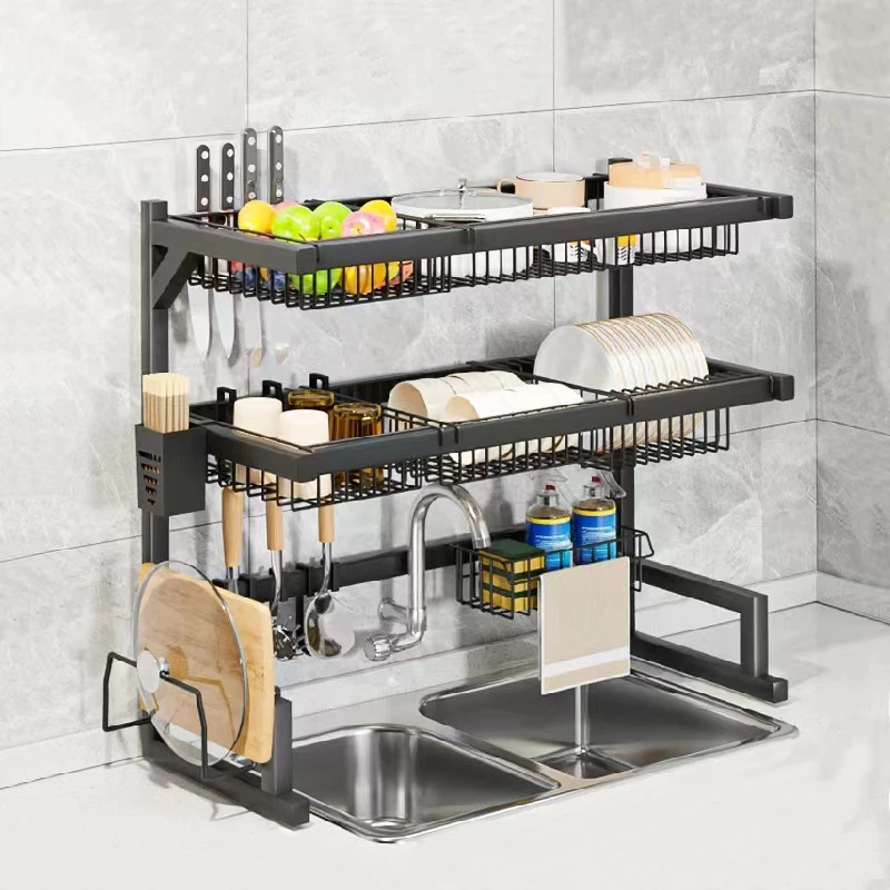única/dupla Escorredor De Louça Suspenso Kitchen Rack aço carbono Organizador Louça Preto 65cm/85cm