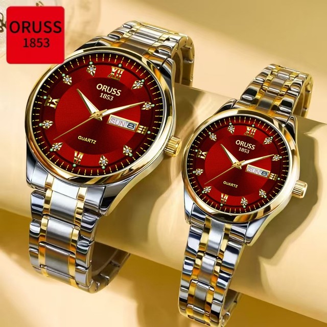 ORUSS Original 2 Pcs Casal Aço Inoxidável Mostrador Vermelho Calendário Duplo Luxo À Prova D 'Água Relógio Luminoso Moda