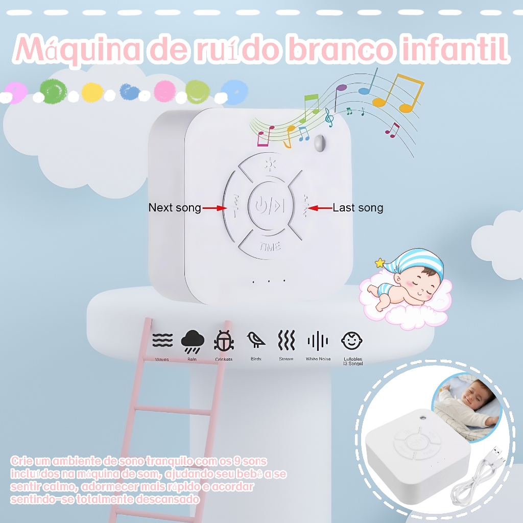 Máquina De Ruído Branco Para Crianças, canção de ninar com ruído branco Noturno Temporizador De Luz, USB Recarregável em Oferta na Shopee