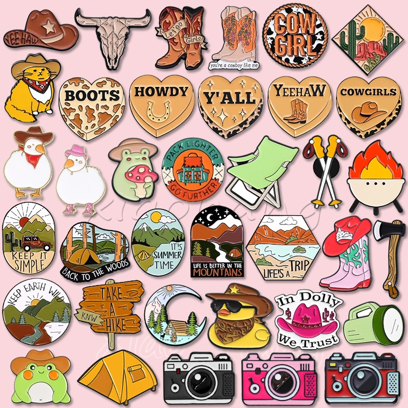 Cowboy Esmalte Pino Chapéu Botas Vaca Meninas Aventura Ao Ar Livre Pinos Acampamento Caminhadas Broche Crachá Mochila Jó
