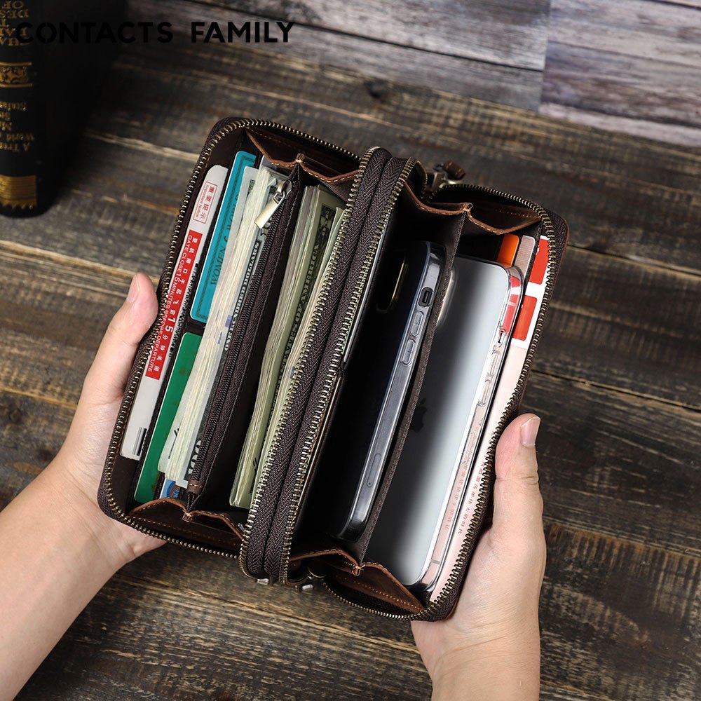 CONTACTS FAMILY Carteira Masculina De Couro Bolsa Embreagem Porta Cartão Carteiras Longas Zíper Duplo