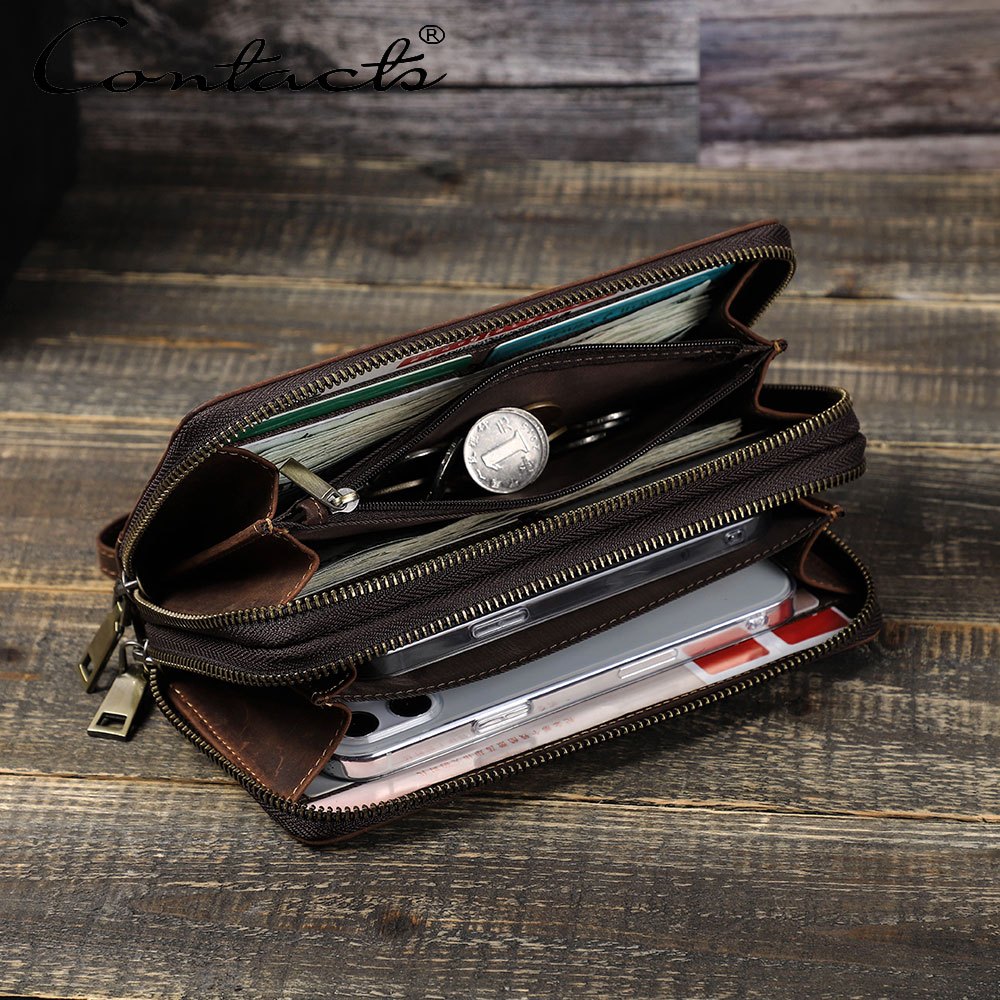 Carteira Masculina De Couro CONTACT'S Porta-Cartões Carteiras Longas Com Zíper Duplo Bolsas Masculinas De Grande Capacid