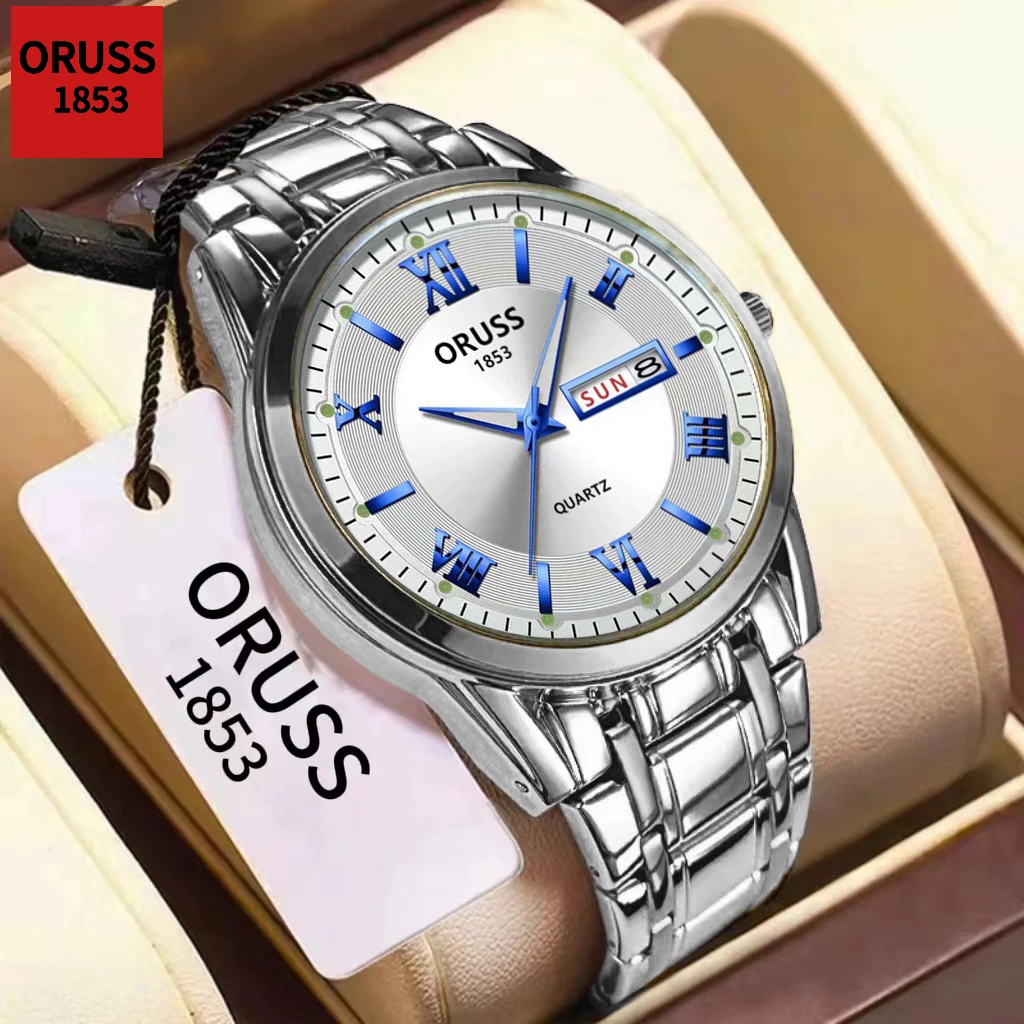 ORUSS Original Masculino Calendário Duplo Aço Inoxidável Luxo À Prova D 'Água Luminosa Moda Relógio Prata Coreano Relógi em Oferta na Shopee