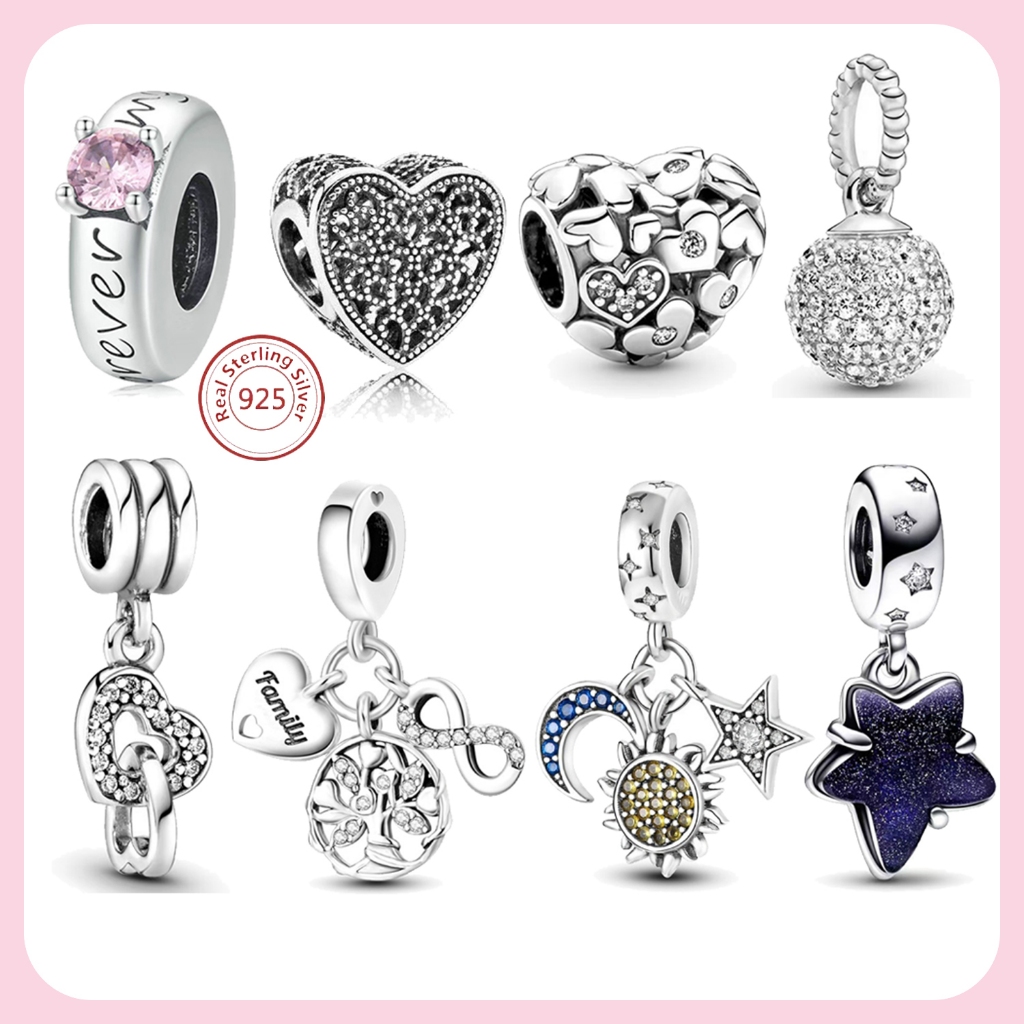 Berloque De Prata 925 Encantos Rosa Diamante Contas Coração DIY Acessórios Pulseira Charms Jóias