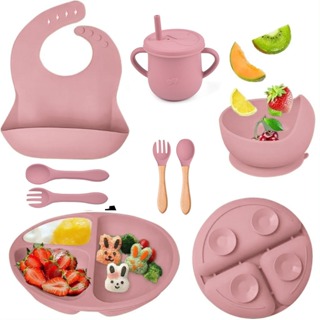 Kit de 6/8/10 Peças de Talheres de Silicone para Bebê com Ventosa, Colher, Garfo, Canudo e Babador em Oferta na Shopee
