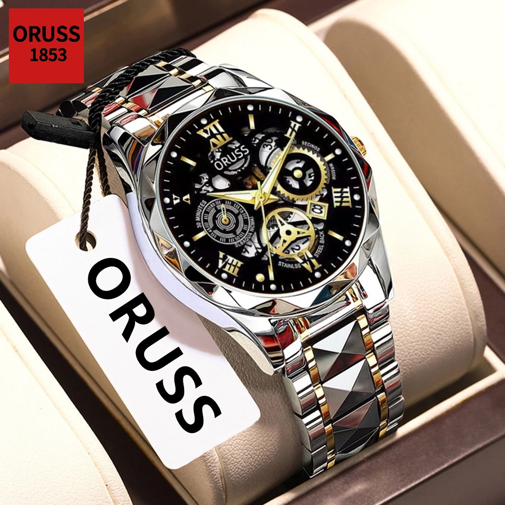 ORUSS Original Masculino Temperamento de Luxo Calendário de Aço Inoxidável Luminoso Relógio de Moda À Prova D 'Água Negó