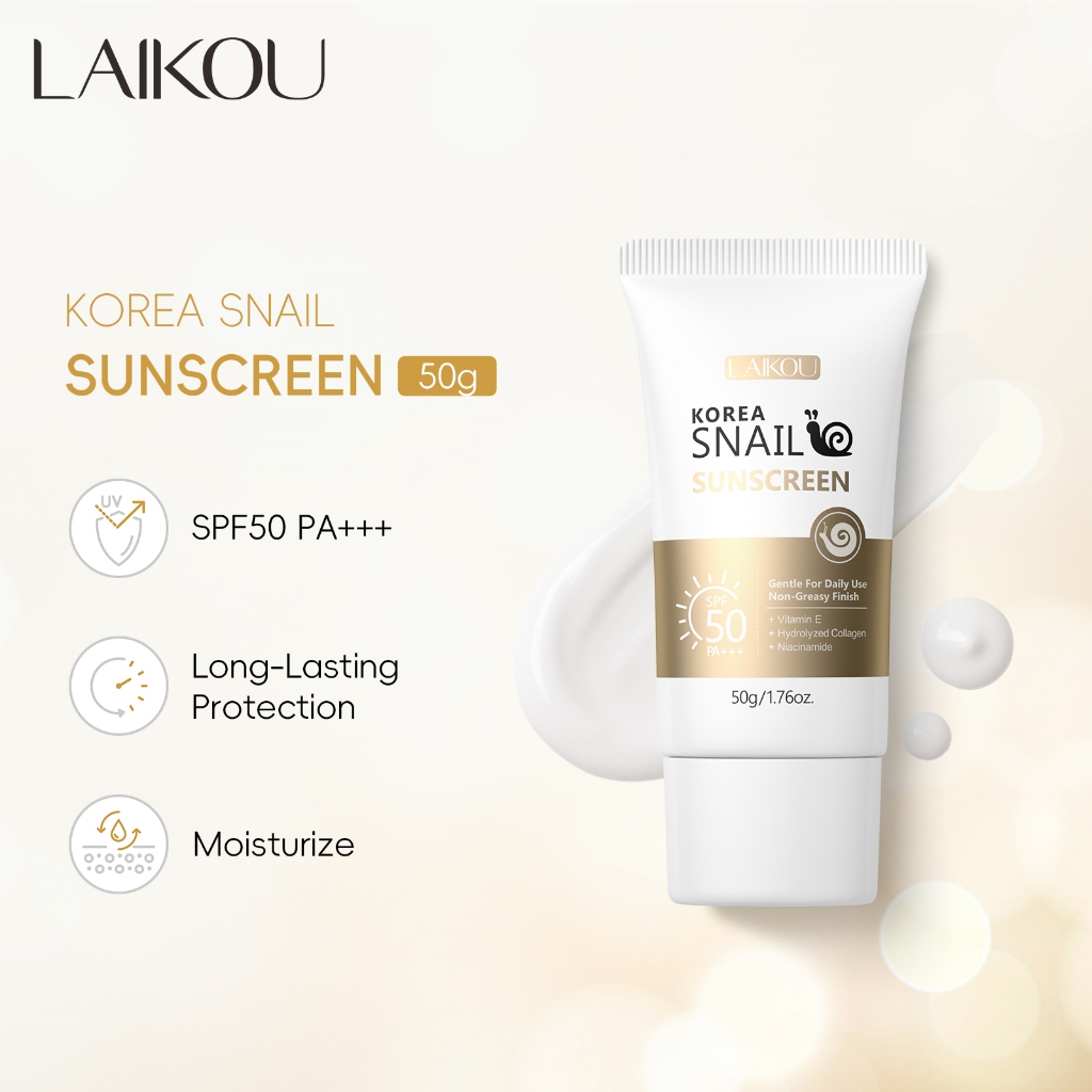 LAIKOU KOREA Caracol Protetor Solar 50g SPF50 PA + + Proteção UV Não Gorduroso Sem Molde Branco Hidratante Suaviza