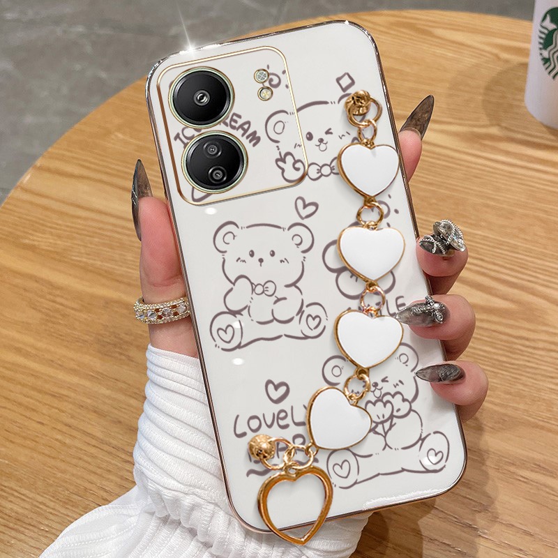 Capa Para Infinix Smart 10 Plus 9 HD Tecno Spark GO 2 Hot 50i KM4 X6725B_C X6531B X6532C Cute Lines Bear Com Pulseira De