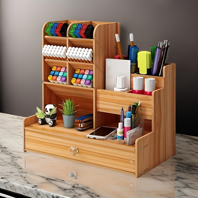 Organizador De Mesa Mdf Escritório Multiuso C/ Gaveta Nicho Canetas