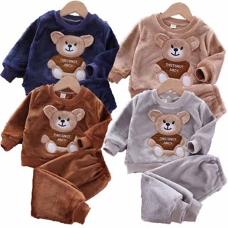 Novos Meninos Conjuntos De Pijamas De Lã Meninas Roupas Quentes Crianças Engrossar Ternos Dos Desenhos Animados Topos Ca em Oferta na Shopee