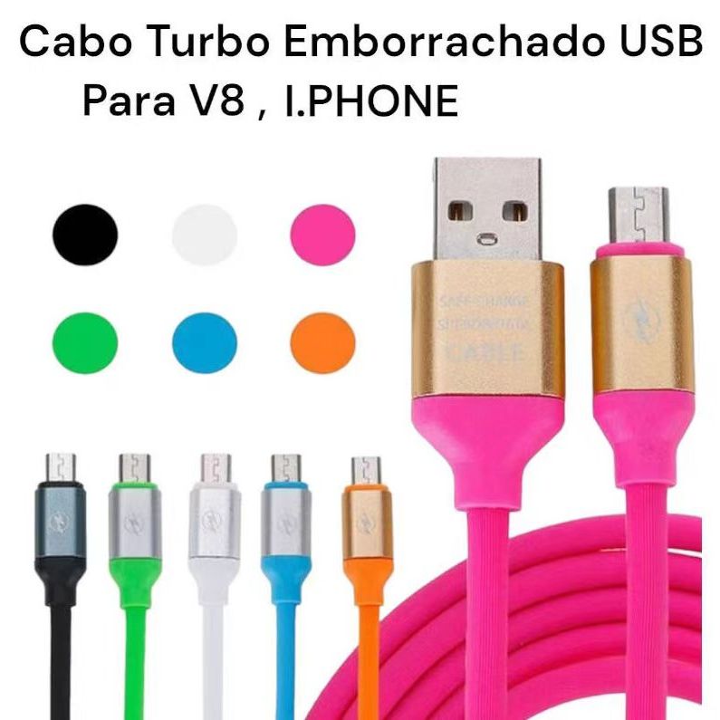 Cabo turbo emborrachado para celular 1.2m V8/IPHONE/ lightining resistente colorido Inova Original