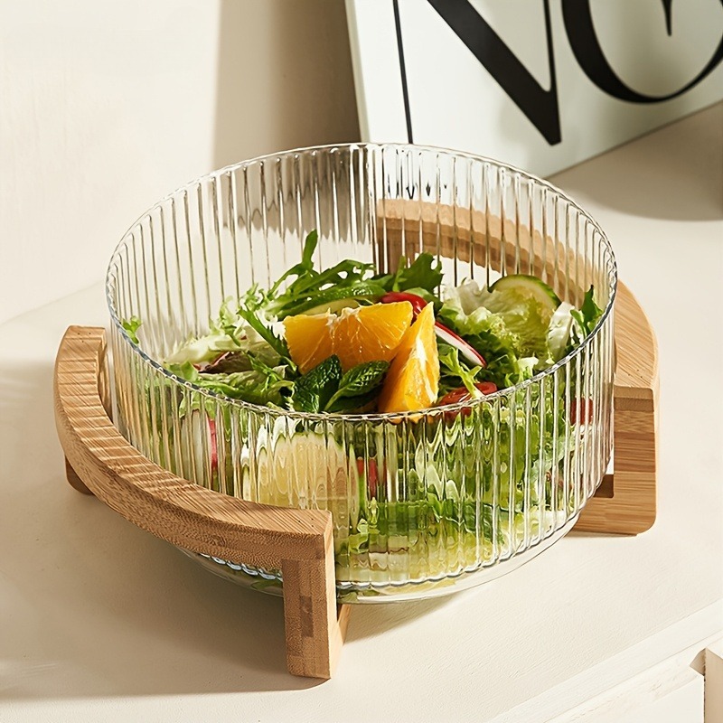 Tigela De Salada De Vidro Com Nervuras De 1 Unidade Suporte De Madeira , Mistura Para Servir , Frutas , Massas E Sobreme em Oferta na Shopee