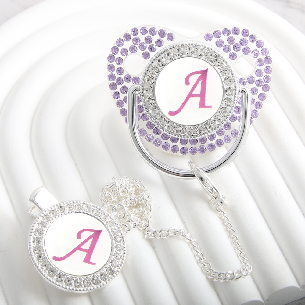 Chupeta De Bebê Com Diamante Violeta De 26 Letras Clipe De Corrente Bico Ortodôntico De 0 A 18 Meses em Oferta na Shopee