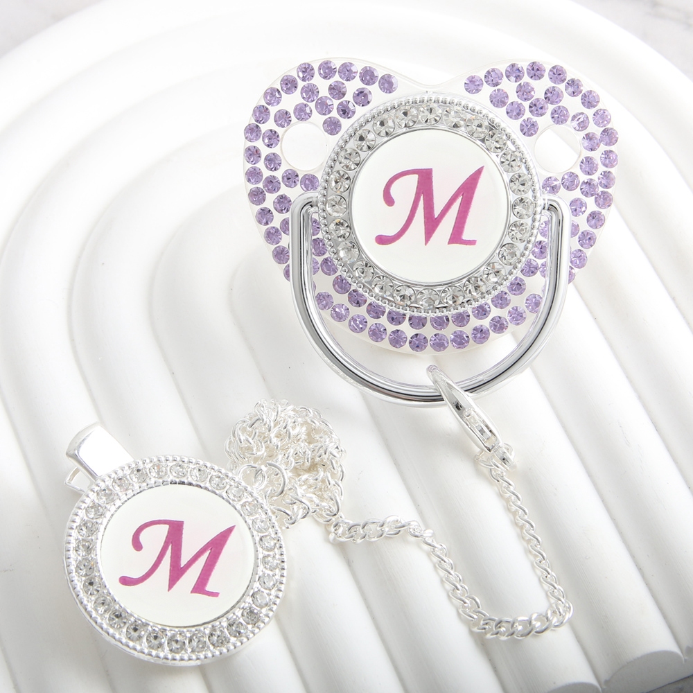 Chupeta De Bebê Com Diamante Violeta De 26 Letras Clipe De Corrente Bico Ortodôntico De 0 A 18 Meses