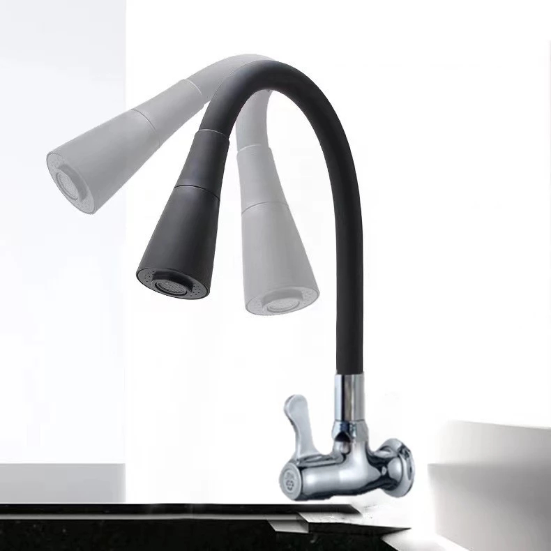 Torneira De Cozinha , Montada Na Parede , Preta , Flexível , Prata , Jato Duplo , cone , 1/4 Volta