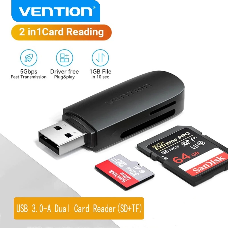 Vention Leitor De Cartão SD USB 3.0 Transmissão Rápida 2 Em 1 512 Gb + TF Cartões Duplos Suportados Para Laptop em Oferta na Shopee
