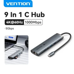 VENTION Adaptador USB C Hub 9 in 1 4K HDMI PD Charging Gigabit Ethernet 3 USB 3.0 SD/TF Card Reader For MacBook/Computer