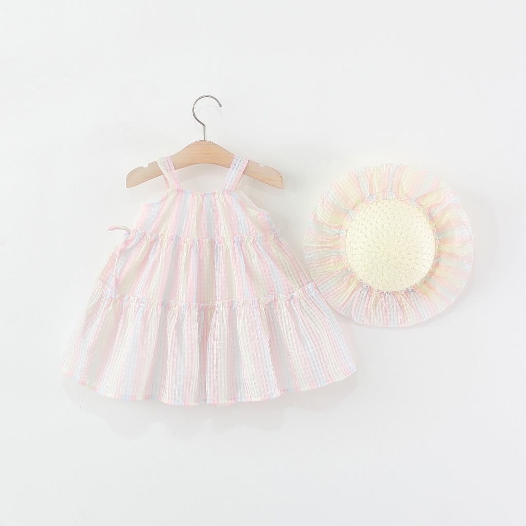 Vestido Novo De Verão Para Bebês Meninas Com Listras Verticais , Suspensório Sem Mangas , Saia Princesa Infantil , Malha
