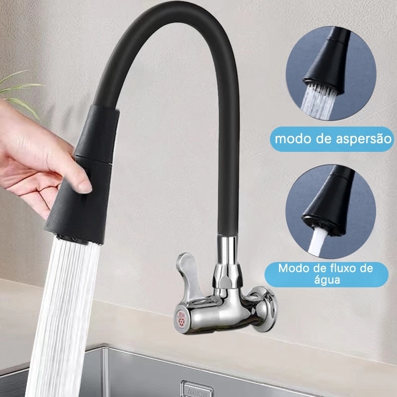 Torneira de Parede para Cozinha Preta Flexível Aço Inox Duplo Jato Cone 1/4 Volta