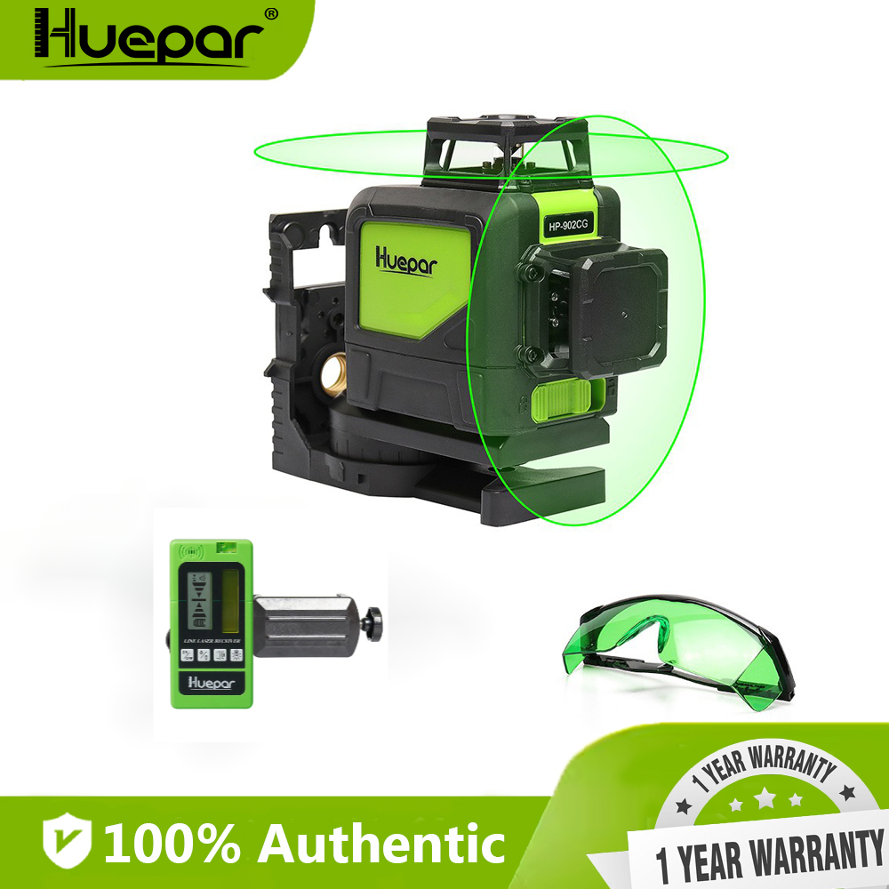 Huepar Green Beam 360 Graus Linha Cruzada Laser Nível + Receptor Óculos