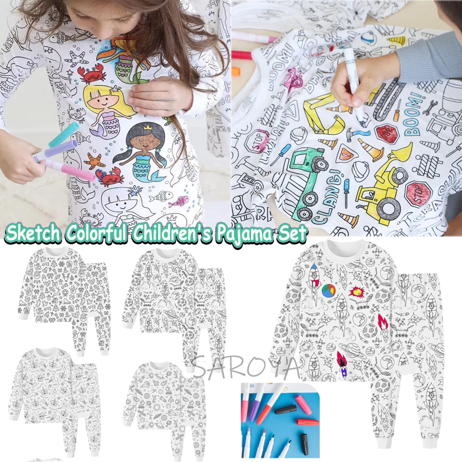 DIY Crianças Pijamas Colorir Manga Longa Topo E Calças Arte Cor Sua Própria