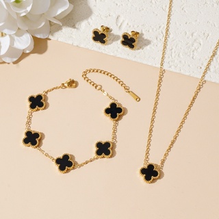 [Aço inoxidável] Conjunto de três peças de joias populares da sorte com trevo dourado de quatro folhas 18K em Oferta na Shopee