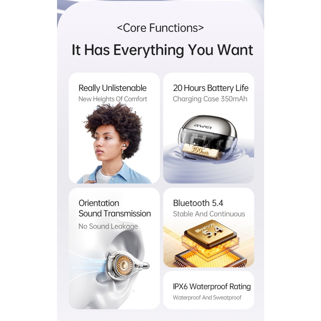 Fone de Ouvido Awei TZ50 Bluetooth 5.4 Clip-On Confortável Esportivo Sem Fio OWS Original · foto 2