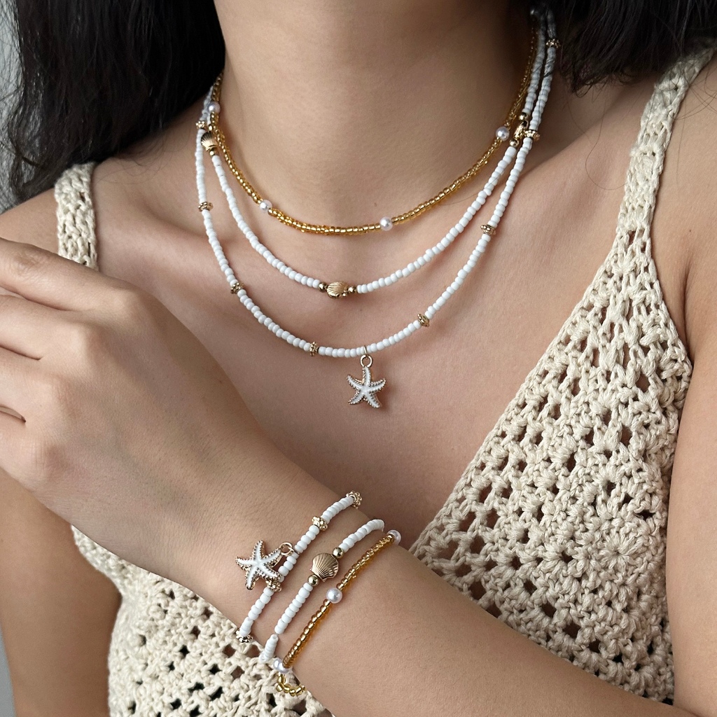Moda 3 Pçs Boho Pérola Concha Estrela Do Mar Frisado Colar Pulseiras Tornozeleira Praia Jóias Presente Feriado Acessório
