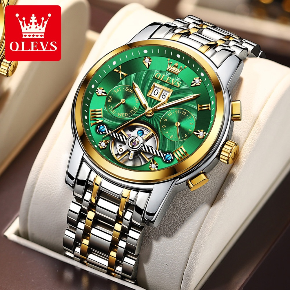 OLEVS 9910 Turbilhão Relógio Automático Para Homens Esqueleto De Luxo De Pulso Mecânico Masculino Aço Inoxidável Topo Or